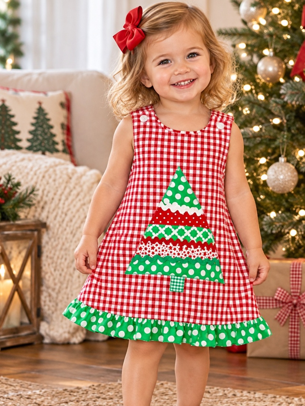 Fantasia Too Toddler Girls 2T Reversible Christmas Tree Dress Red Gingham